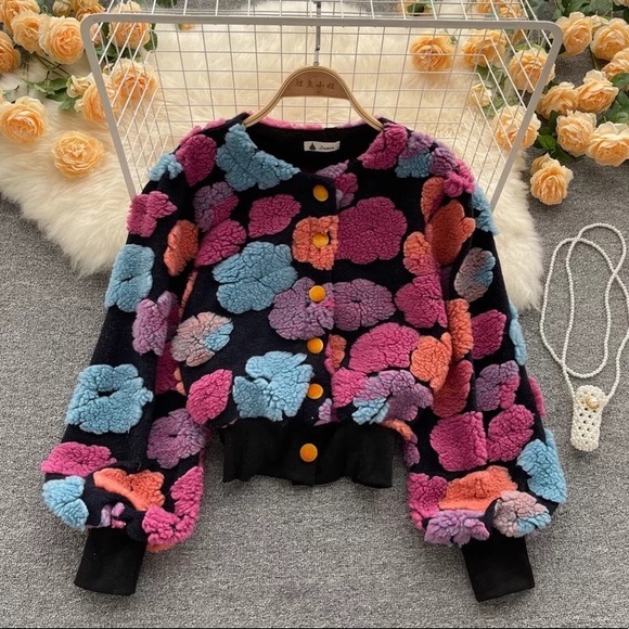 Floral jacket puff sleeve coat fuzzy 3d flowers runway fashion womens bomber - Picture 3 of 12